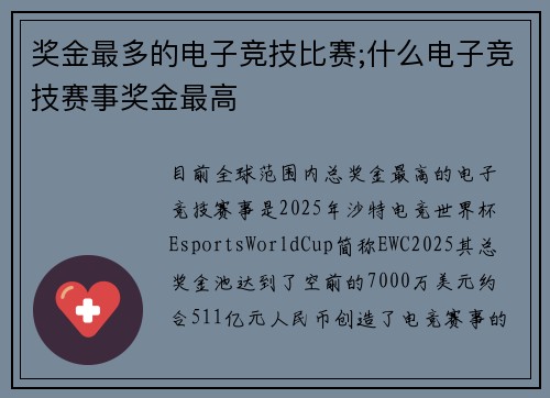 奖金最多的电子竞技比赛;什么电子竞技赛事奖金最高